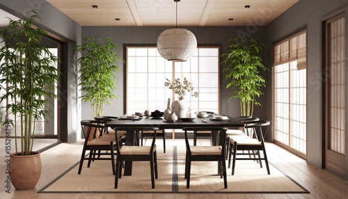 Serene Minimalist Dining Room with Natural Light and Plants