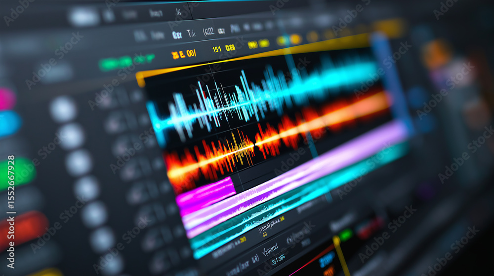 Obraz premium A vibrant digital display shows multiple colorful sound waves and frequency graphs, representing audio analysis, data visualization, and technological interfaces. 