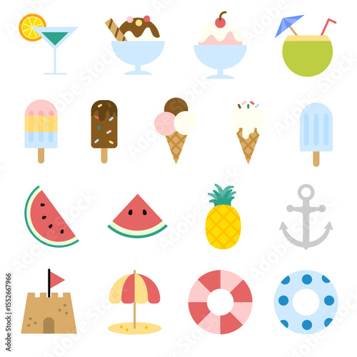 Summer vacation icon set. Flat color style