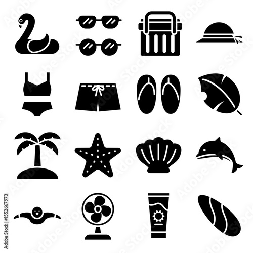 Summer vacation icon set. Solid style