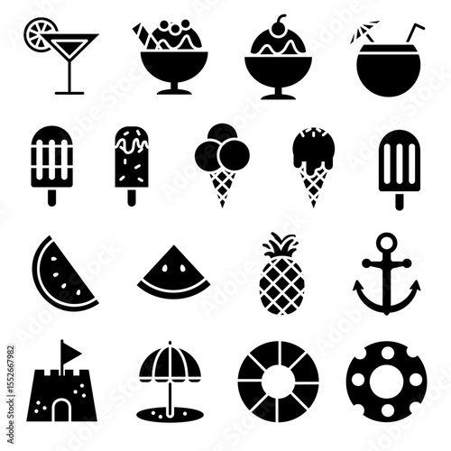Summer vacation icon set. Solid style