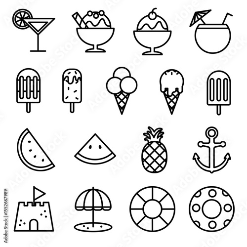 Summer vacation icon set. Line outline style