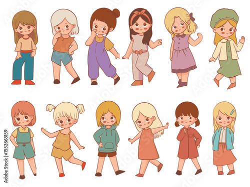 Illustration of diverse girls wearing various stylish summer outfits, featuring a mix of casual, boho, sporty, and beachwear looks