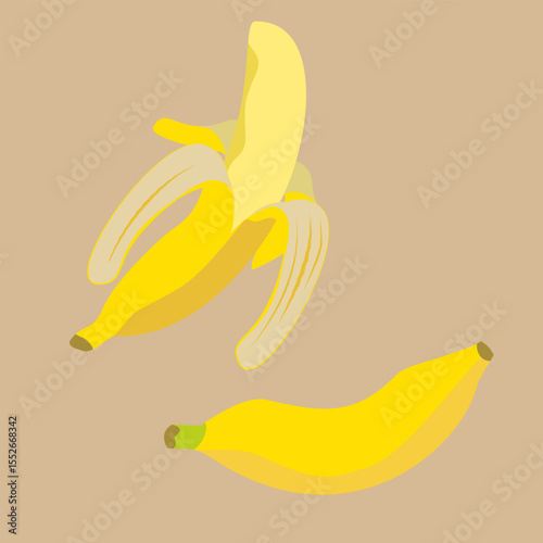 Yellow banana fruit, whole and peeled banana icon. Organic tropical fruit for juice, smoothie or healthy food. Vector illustration.
