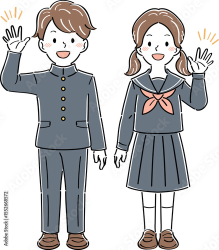 笑顔で手を振る制服姿の男女の学生のイラスト　全身