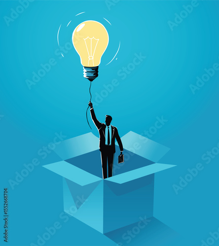 business man with light bulb illustration business man with idea otu of the box vector