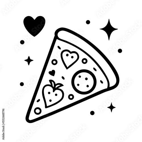 A slice of pizza with heart and strawberry toppings isolated on white background