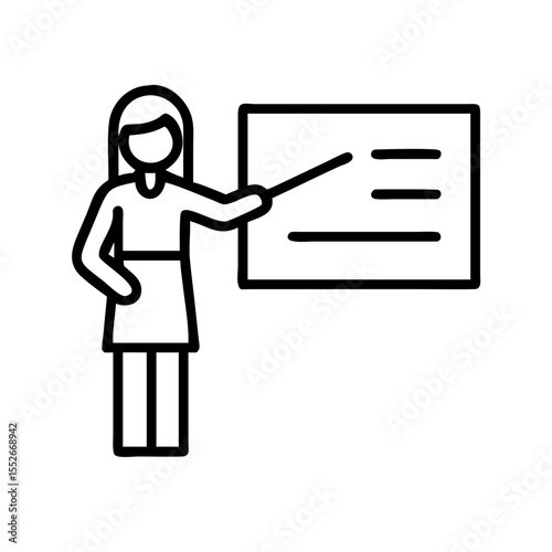 A woman is teaching a lesson using a pointer in front of a board isolated on white background
