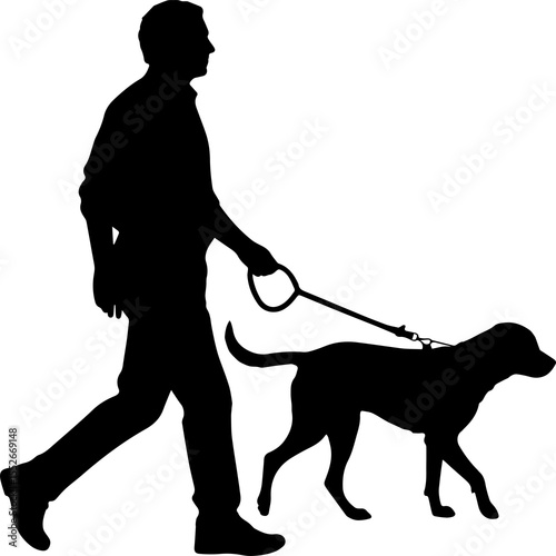 Silhouette of Man Walking Dog on Leash – Pet Owner and Canine Companion Outdoor Stroll, Simple Vector Illustration of Human and Animal Bond in Motion

