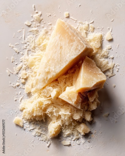 Parmesan cheese wedges and flakes isolated on a clean white background viewed from top