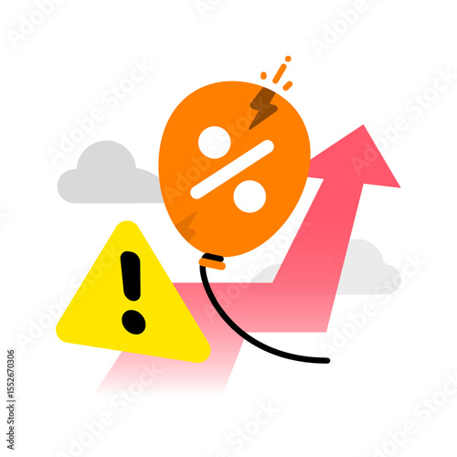 Illustration of bursting financial bubble. balloon and exclamation mark. market correction, stock crash, asset overvaluation, or economic downturn. for finance, investment, economic risk concepts