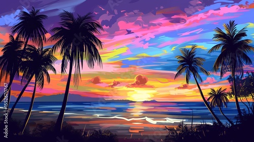Vibrant colors of a tropical sunset. Dark silhouettes of palm trees against a bright sky.
