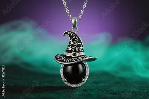 A finely detailed witch hat pendant, adorned with intricate patterns, hangs above a dark, spherical object, surrounded by an ethereal green haze, creating a magical and mysterious aura.
