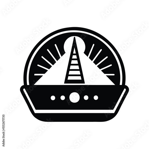 Stylized abstract emblem featuring a pyramid and celestial elements in monochrome