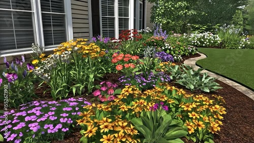 Colorful flowerbeds with a curved walkway