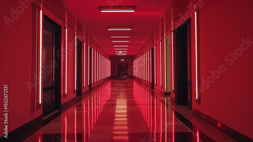 Red-lit corridor with mirrored floor