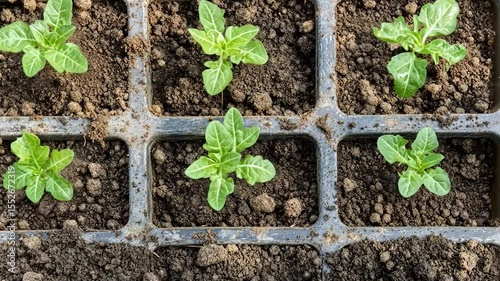 Young plants in a seed starting tray