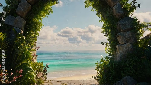 Lush archway overlooking a tranquil beach