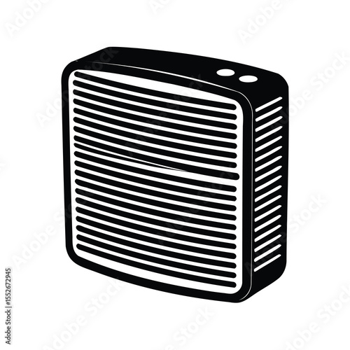 Black and white illustration of a portable space heater with horizontal vents