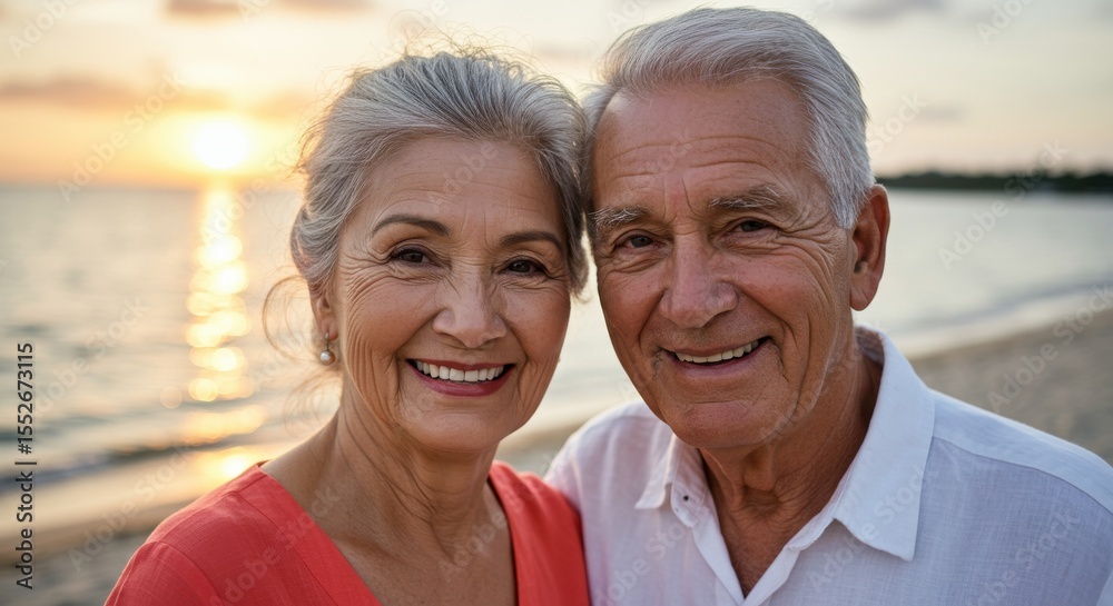 Portrait of a happy senior couple at sunset expressing contentment on a beach Portrait of a happy senior couple at sunset expressing contentment on a beach