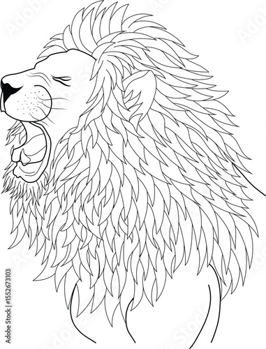 Striking profile line drawing of a roaring lion's head featuring a magnificent mane, representing power, courage, and wildness.