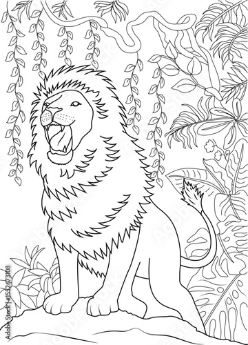 Majestic Lion Roaring on a Rock in Dense Jungle Environment - Black and White Line Art Illustration Perfect for Coloring Pages, Books, and Nature-Themed Designs, Depicting Strength and Wildness