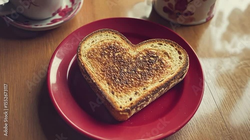 Heart-shaped toasted bread slice on a red plate, with a cup of coffee in the background