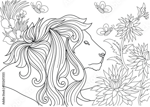 Elegant black and white line drawing featuring a regal lion's head with lush mane, vibrant flowers, and whimsical butterflies.