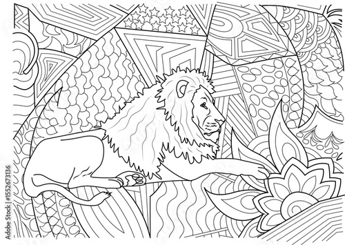 Hand-drawn black and white line art of a lion with detailed abstract background, ideal for adult coloring, relaxation, and creative design.