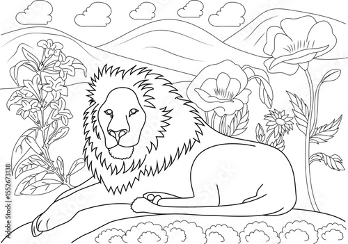 Black and white line drawing of a serene lion among flowers and hills, ideal for coloring, illustration, and creative projects.