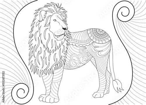 Detailed Lion Coloring Book Page Featuring Ornate Mandala and Zentangle Patterns - Relaxing Anti-Stress Line Art Illustration.