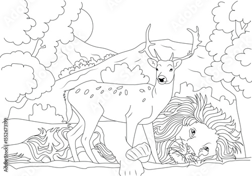 Black and white line art illustration featuring a majestic spotted deer standing protectively over a peacefully resting lion in a serene natural landscape with trees, mountains, and the sun.