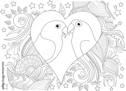 Intricate Line Art Coloring Page Featuring Two Lovebirds Forming a Heart Shape Surrounded by Decorative Swirls, Stars, and Detailed Patterns for Adult Coloring Books and Relaxation