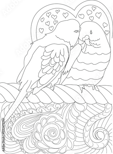 Romantic budgies line art with hearts and ornate pattern for adult coloring book and relaxation therapy.