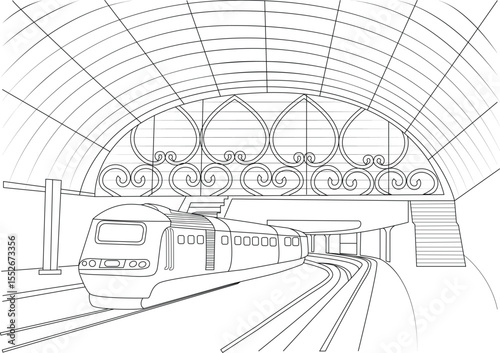 Outline illustration of a train in Paddington Station, London. Vector sketch depicting rail transport in a historic UK terminal.