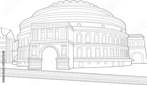 Detailed line drawing of the iconic Royal Albert Hall in London, England. A clean and minimalist black and white vector illustration perfect for various design projects and travel content.