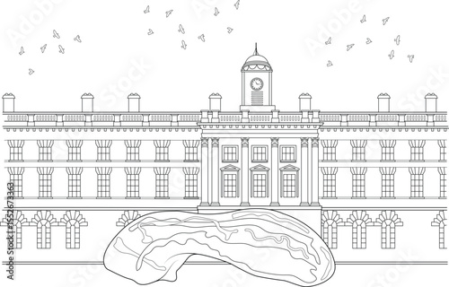 Line art illustration of Somerset House in London, UK. Famous neoclassical Georgian landmark with clock tower.