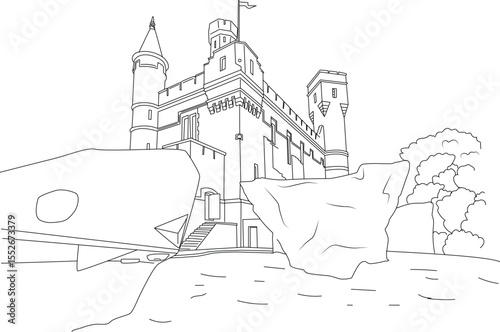 Architectural illustration line drawing of The Castle Climbing Centre in London, UK, a unique indoor climbing gym housed in a Victorian water pumping station building resembling a Scottish castle.