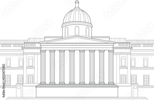 Linear illustration of The National Gallery building in London, UK, a famous landmark and art museum, rendered in clean black and white outline style suitable for architectural and travel themes.