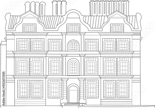 Detailed Black and White Line Drawing Illustration of Historic Kew Palace in Richmond, London, United Kingdom, a Famous Royal Residence and Landmark