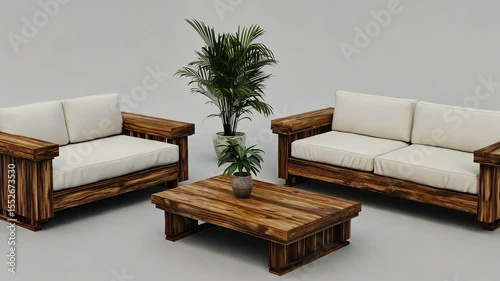 Wooden sectional sofa and coffee table with off-white cushions