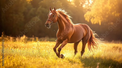 Majestic chestnut horse galloping freely, embodying wild spirit and untamed energy