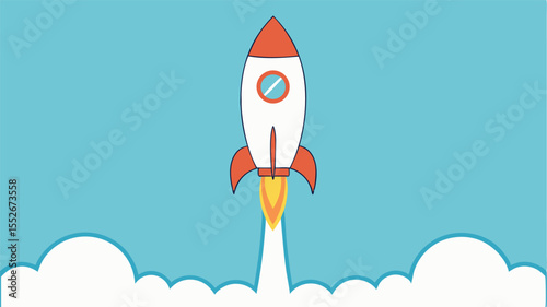 A cartoon rocket launching into the sky with clouds isolated on white background