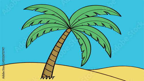 A cartoon palm tree on a sandy beach with a blue sky background