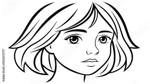 A black and white line drawing of a womans face with short hair