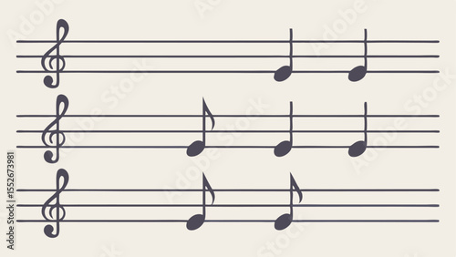 Musical notes on a staff with treble clef isolated on a white background