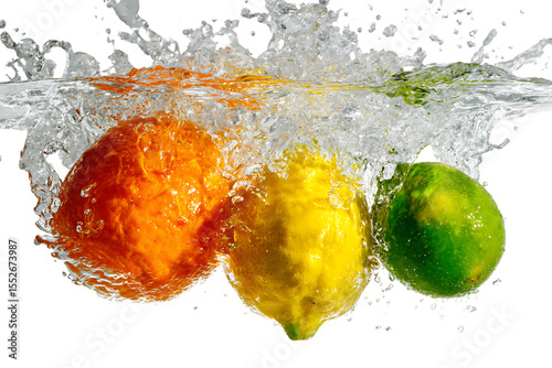 Fruit falling into water with splashes of lemon and lime, orange slices, photorealistic, high resolution.