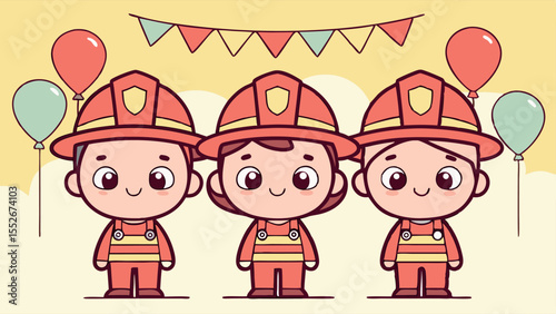 Three cartoon firefighters with balloons and garland isolated on a light background