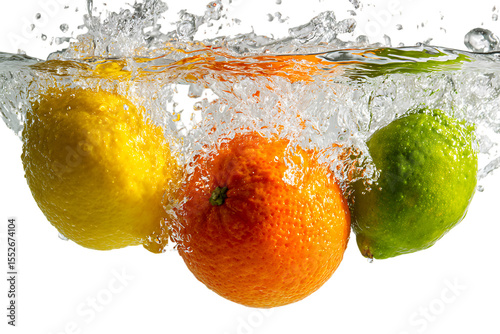 Fruit falling into water with splashes of lemon and lime, orange slices, photorealistic, high resolution.