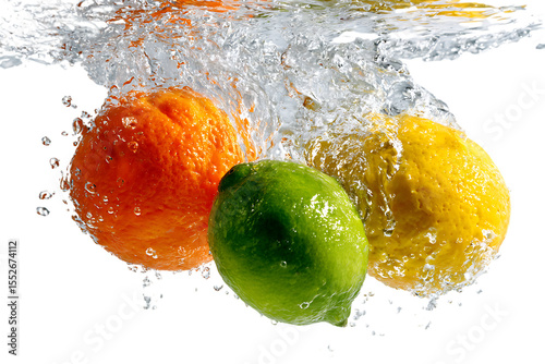 Fruit falling into water with splashes of lemon and lime, orange slices, photorealistic, high resolution.